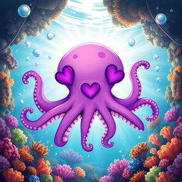 A vibrant and whimsical octopus with three purple hearts visible on its body, set against an underwater scene full of colorful corals and bubbles, where the sunlight filters through the water creating a serene and magical atmosphere