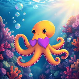 A vibrant and whimsical octopus with three purple hearts visible on its body, set against an underwater scene full of colorful corals and bubbles, where the sunlight filters through the water creating a serene and magical atmosphere