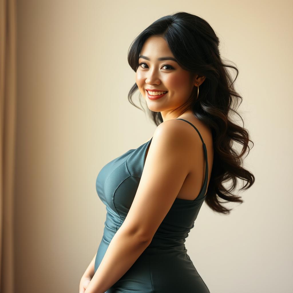 A confident and curvy Japanese woman with a voluptuous figure, adorned in a form-fitting, elegant dress that beautifully accentuates her curves