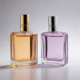 A perfume bottle with a unique twist design, split into two compartments housing different fragrances. Each fragrance displays a distinct color to distinguish them.