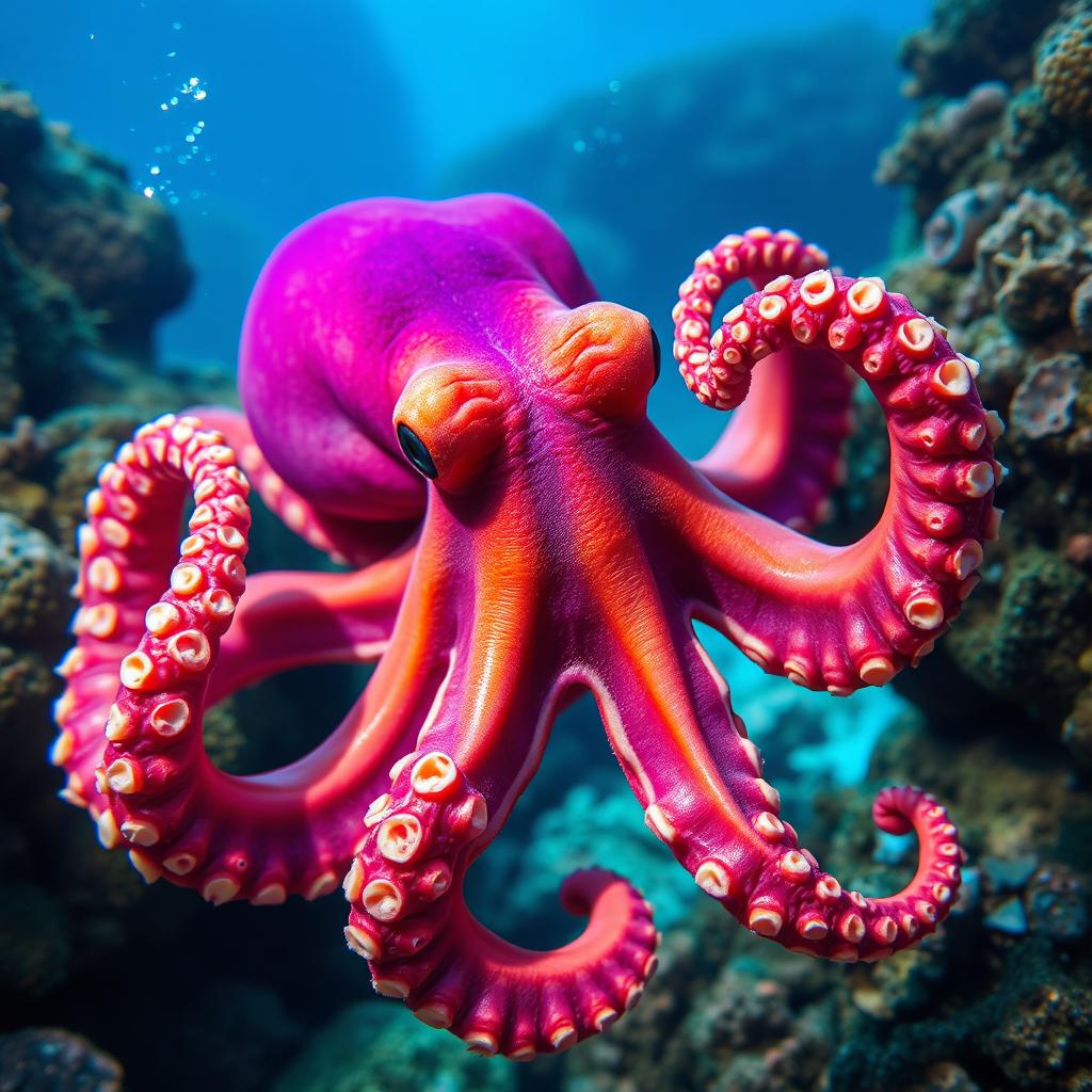 A vibrant and realistic octopus in a dynamic underwater scene