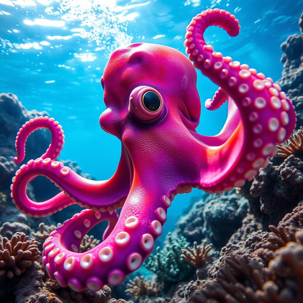 A vibrant and realistic octopus in a dynamic underwater scene