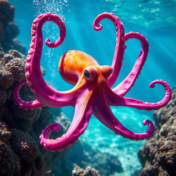 A vibrant and realistic octopus in a dynamic underwater scene