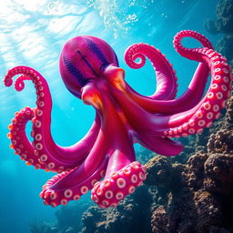 A vibrant and realistic octopus in a dynamic underwater scene