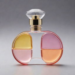 A perfume bottle with a unique twist design, split into two compartments housing different fragrances. Each fragrance displays a distinct color to distinguish them.