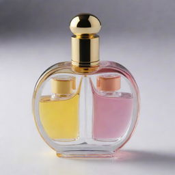 A perfume bottle with a unique twist design, split into two compartments housing different fragrances. Each fragrance displays a distinct color to distinguish them.