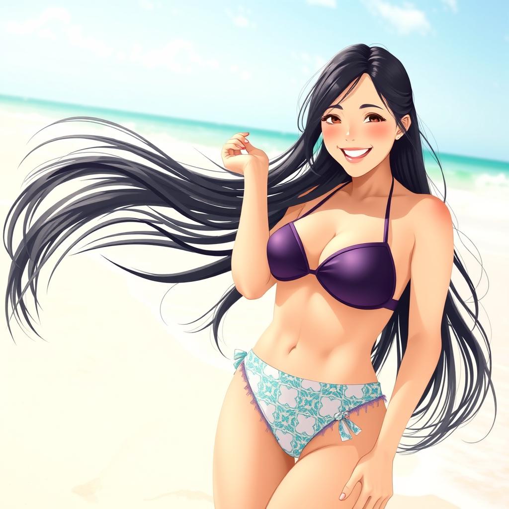 A cheerful Japanese woman with a curvy figure, wearing a stylish bikini