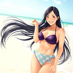 A cheerful Japanese woman with a curvy figure, wearing a stylish bikini