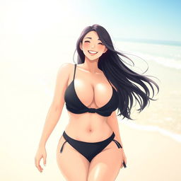 A cheerful Japanese woman with a curvy figure, wearing a stylish bikini