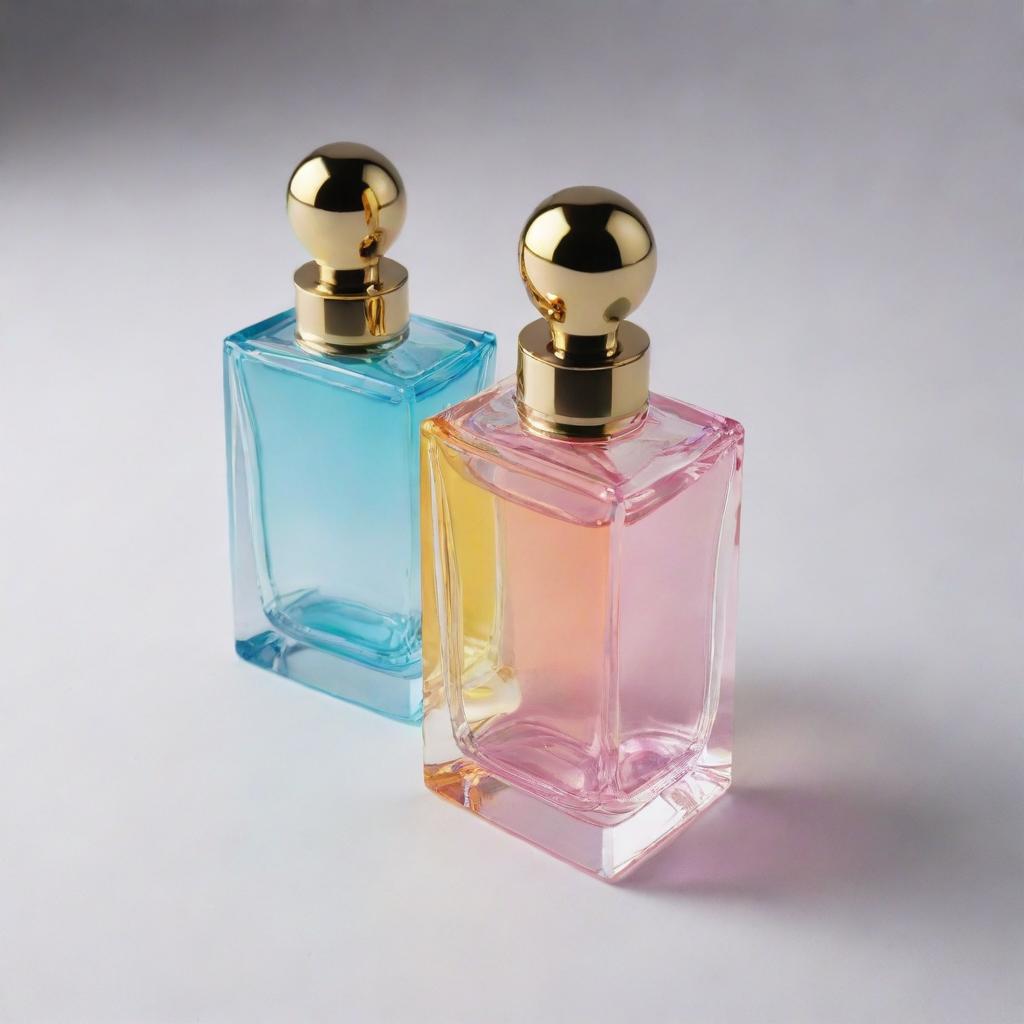 A perfume bottle with a unique twist design, split into two compartments housing different fragrances. Each fragrance displays a distinct color to distinguish them.