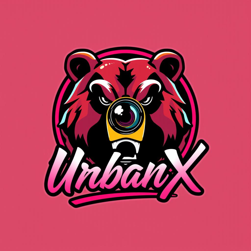 A vibrant, modern illustration of a logo for the 'UrbanX' YouTube channel featuring a minimalist and aggressive bear face with a lens in a circle