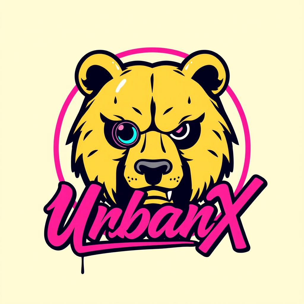 A vibrant, modern illustration of a logo for the 'UrbanX' YouTube channel featuring a minimalist and aggressive bear face with a lens in a circle