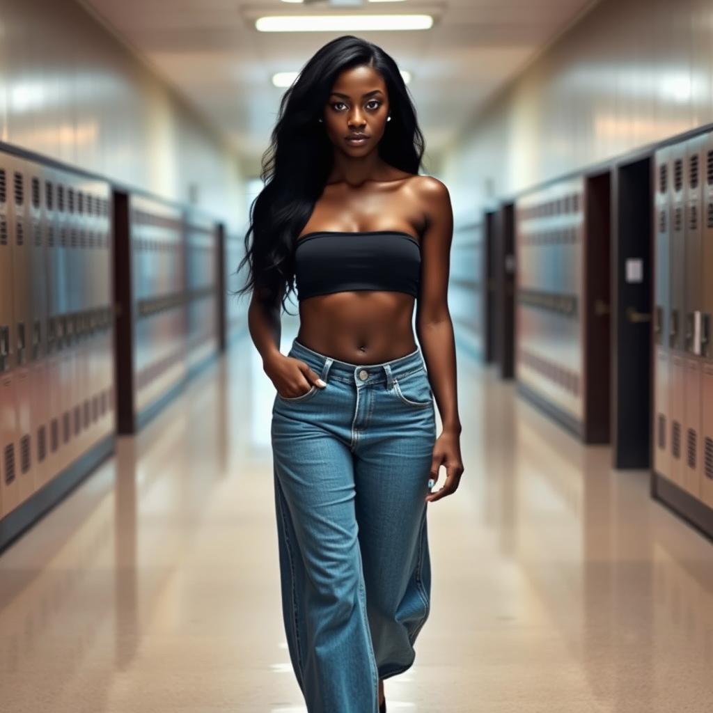 A young black woman walking through the hallways of a school