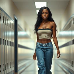 A young black woman walking through the hallways of a school