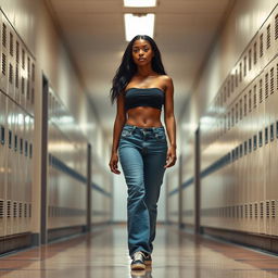 A young black woman walking through the hallways of a school