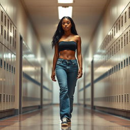 A young black woman walking through the hallways of a school