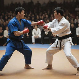 Intense scene of a grueling martial arts tournament with two opposing combatants. One is poised for an attack, while the other stands defensive. The crowd is roaring in anticipation.