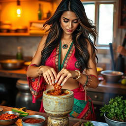 A sensuous, attractive woman gracefully grinding chutney in a traditional stone grinder