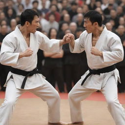 Intense scene of a grueling martial arts tournament with two opposing combatants. One is poised for an attack, while the other stands defensive. The crowd is roaring in anticipation.