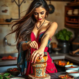 A sensuous, attractive woman gracefully grinding chutney in a traditional stone grinder