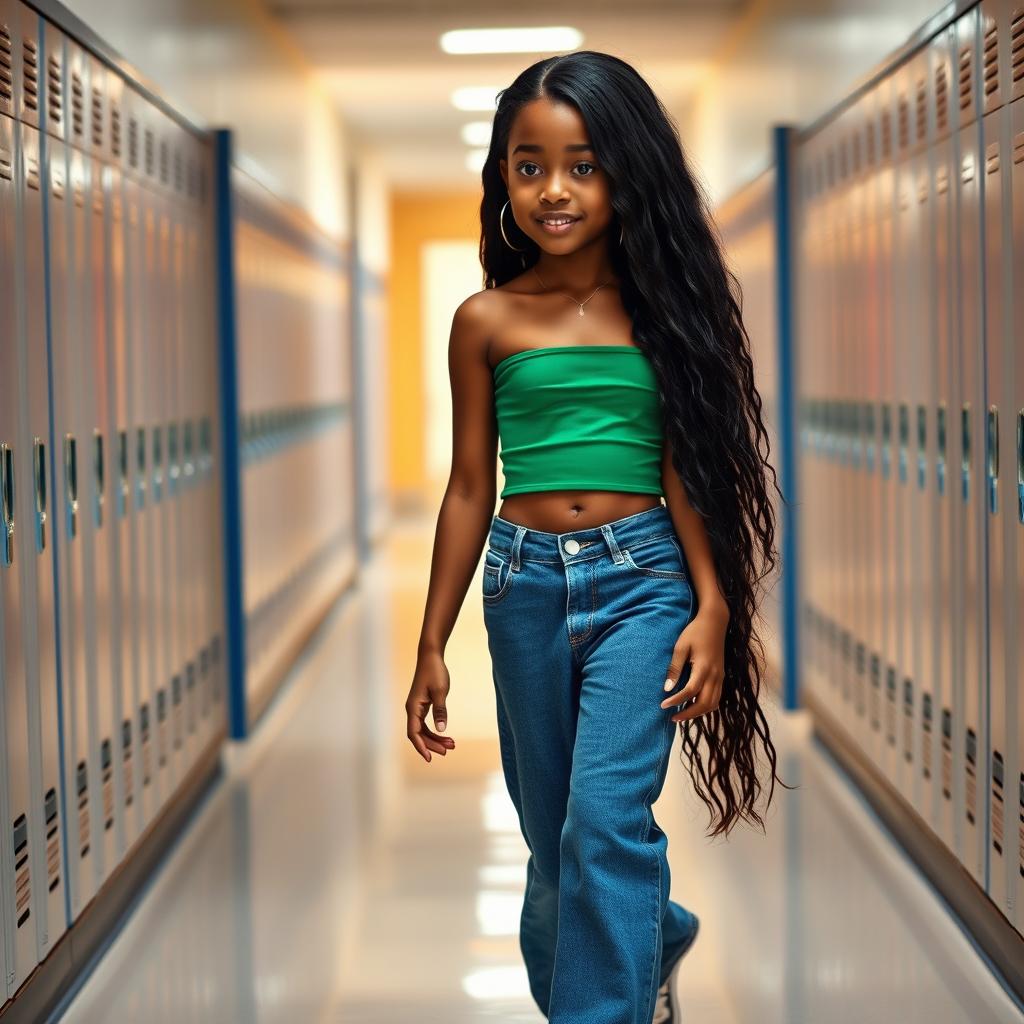 A dark-skinned girl walking through the corridors of a school, showcasing her long black hair