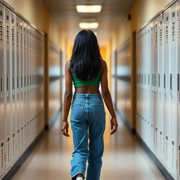 A dark-skinned girl walking through the corridors of a school, showcasing her long black hair