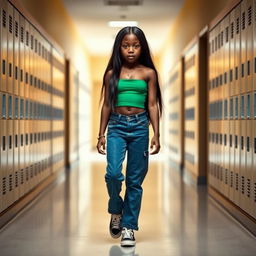 A dark-skinned girl walking through the corridors of a school, showcasing her long black hair