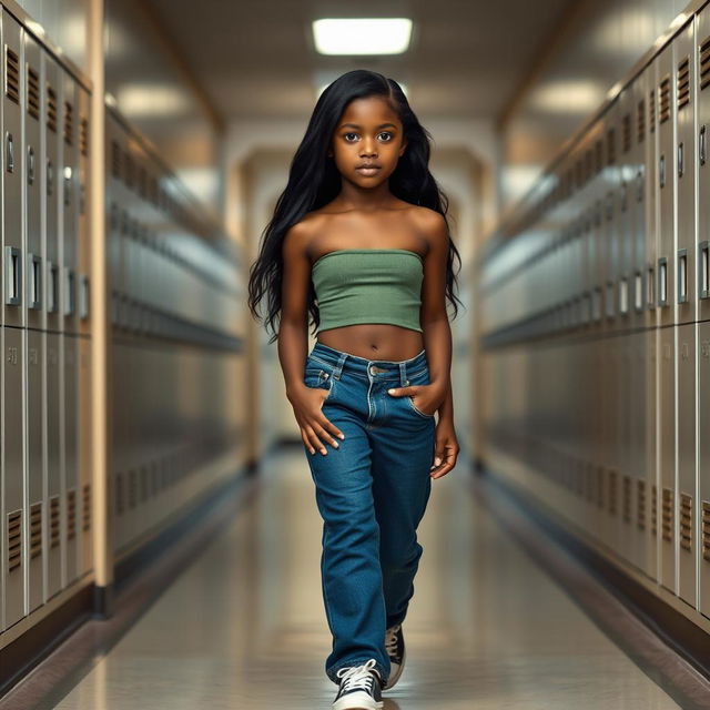 A dark-skinned girl walking through the corridors of a school, showcasing her long black hair