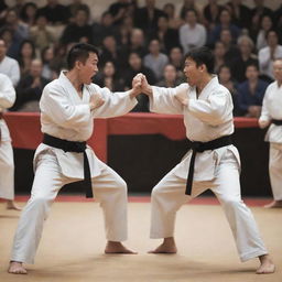 Intense scene of a grueling martial arts tournament with two opposing combatants. One is poised for an attack, while the other stands defensive. The crowd is roaring in anticipation.