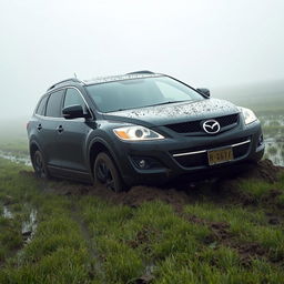 A hyper-realistic image of a black 2009 Mazda CX-9 Luxury TB Series 3 2WD stuck in mud in the middle of a grass field on a foggy morning