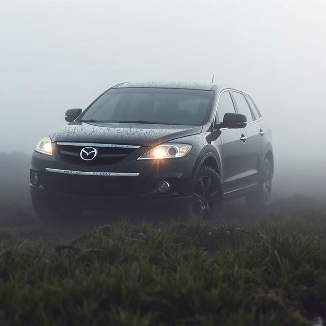 A hyper-realistic image of a black 2009 Mazda CX-9 Luxury TB Series 3 2WD stuck in mud in the middle of a grass field on a foggy morning