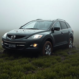 A hyper-realistic image of a black 2009 Mazda CX-9 Luxury TB Series 3 2WD stuck in mud in the middle of a grass field on a foggy morning