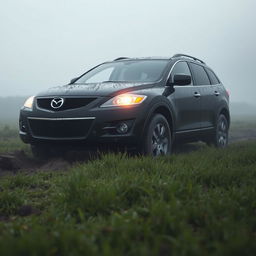 A hyper-realistic image of a black 2009 Mazda CX-9 Luxury TB Series 3 2WD stuck in mud in the middle of a grass field on a foggy morning