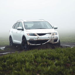 A hyper-realistic image of a white 2009 Mazda CX-9 Luxury TB Series 3 2WD stuck in mud in the middle of a grass field on a foggy morning