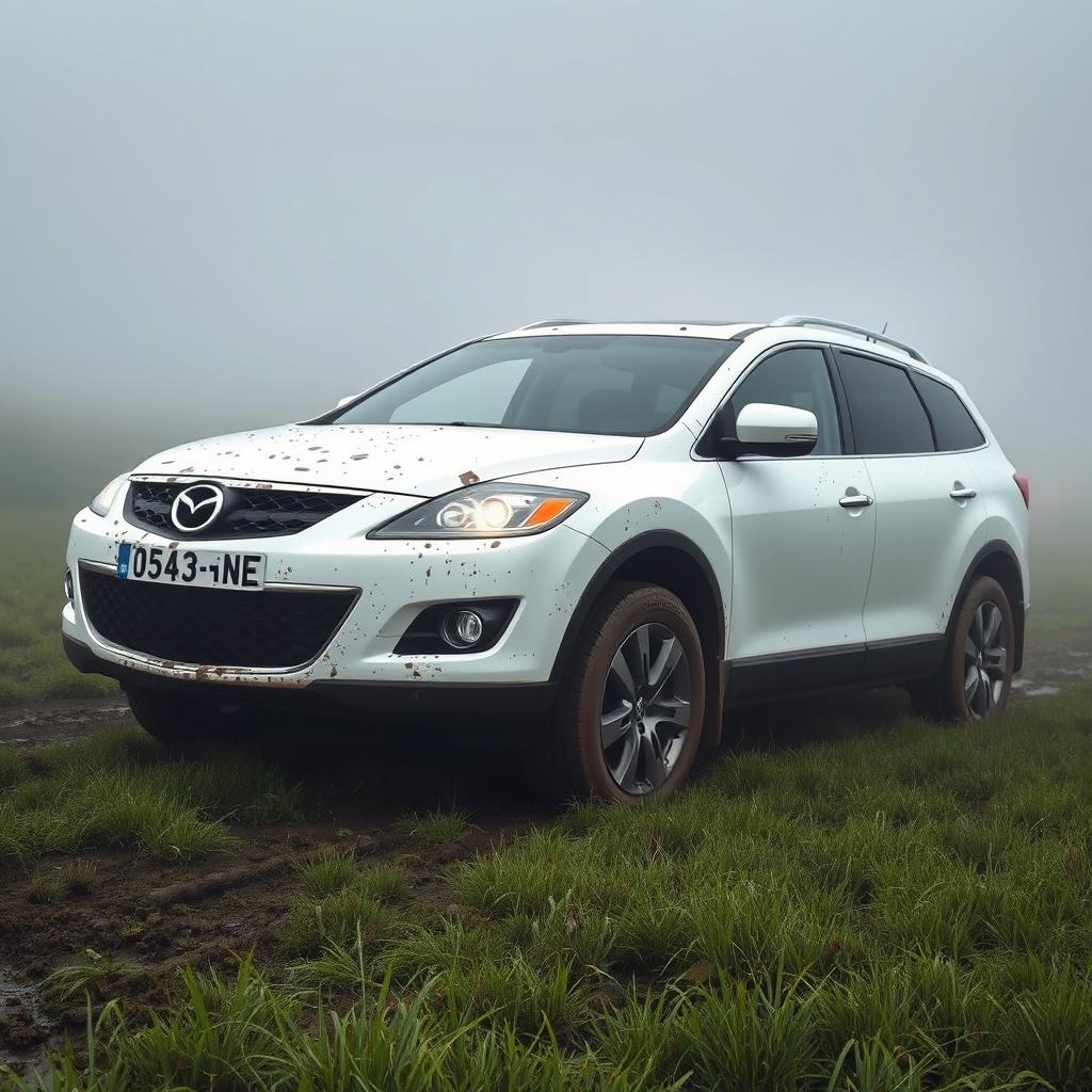 A hyper-realistic image of a white 2009 Mazda CX-9 Luxury TB Series 3 2WD stuck in mud in the middle of a grass field on a foggy morning