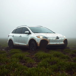 A hyper-realistic image of a white 2009 Mazda CX-9 Luxury TB Series 3 2WD stuck in mud in the middle of a grass field on a foggy morning