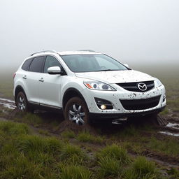 A hyper-realistic image of a white 2009 Mazda CX-9 Luxury TB Series 3 2WD stuck in mud in the middle of a grass field on a foggy morning