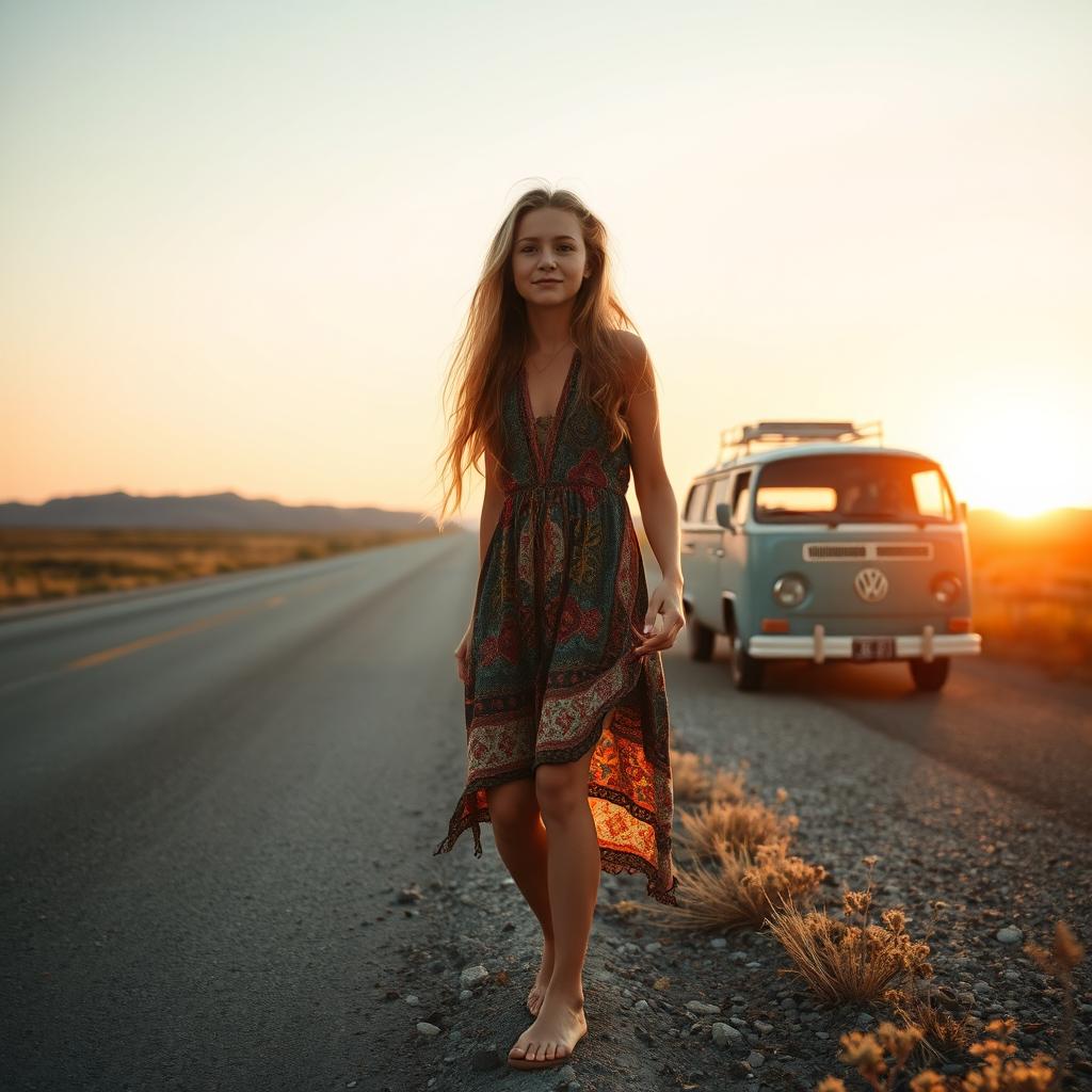 A hippie girl hitchhiking on the side of a highway in the middle of nowhere