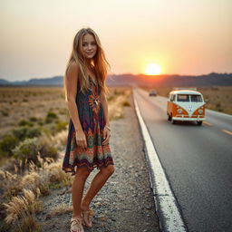 A hippie girl hitchhiking on the side of a highway in the middle of nowhere