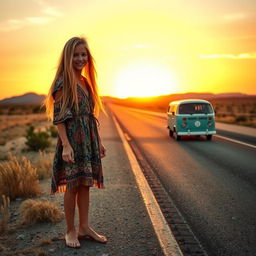 A hippie girl hitchhiking on the side of a highway in the middle of nowhere