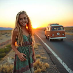 A hippie girl hitchhiking on the side of a highway in the middle of nowhere