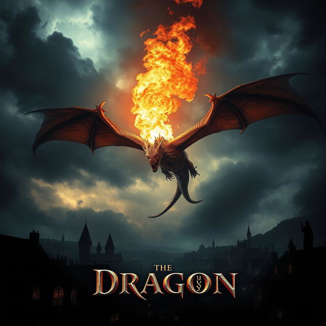 A cinematic movie poster featuring a majestic fire-breathing dragon soaring through a stormy sky