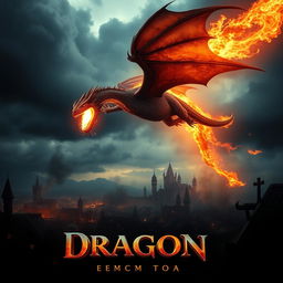 A cinematic movie poster featuring a majestic fire-breathing dragon soaring through a stormy sky