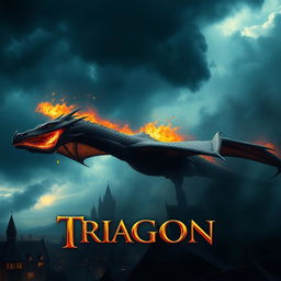 A cinematic movie poster featuring a majestic fire-breathing dragon soaring through a stormy sky