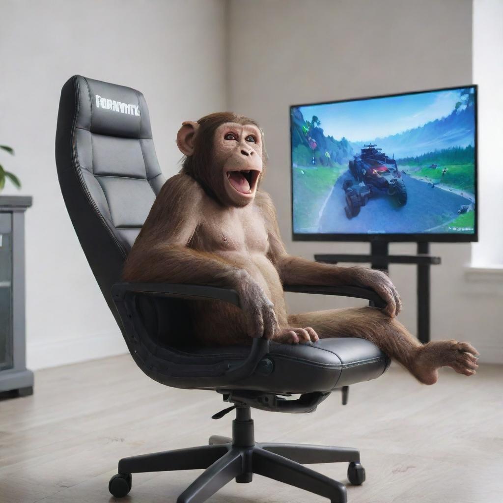 A joyful monkey sitting in a gaming chair, playing Fortnite on a high-tech computer with a large screen and spine-tingling excitement noticeable in its eyes.