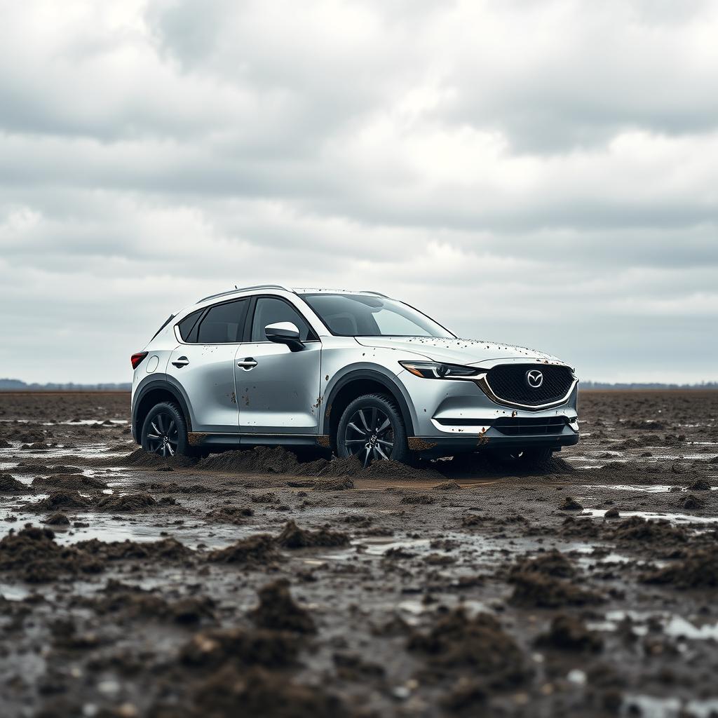 A hyper-realistic image of a silver 2020 Mazda CX-5 stuck in the middle of a muddy field