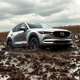 A hyper-realistic image of a silver 2020 Mazda CX-5 stuck in the middle of a muddy field