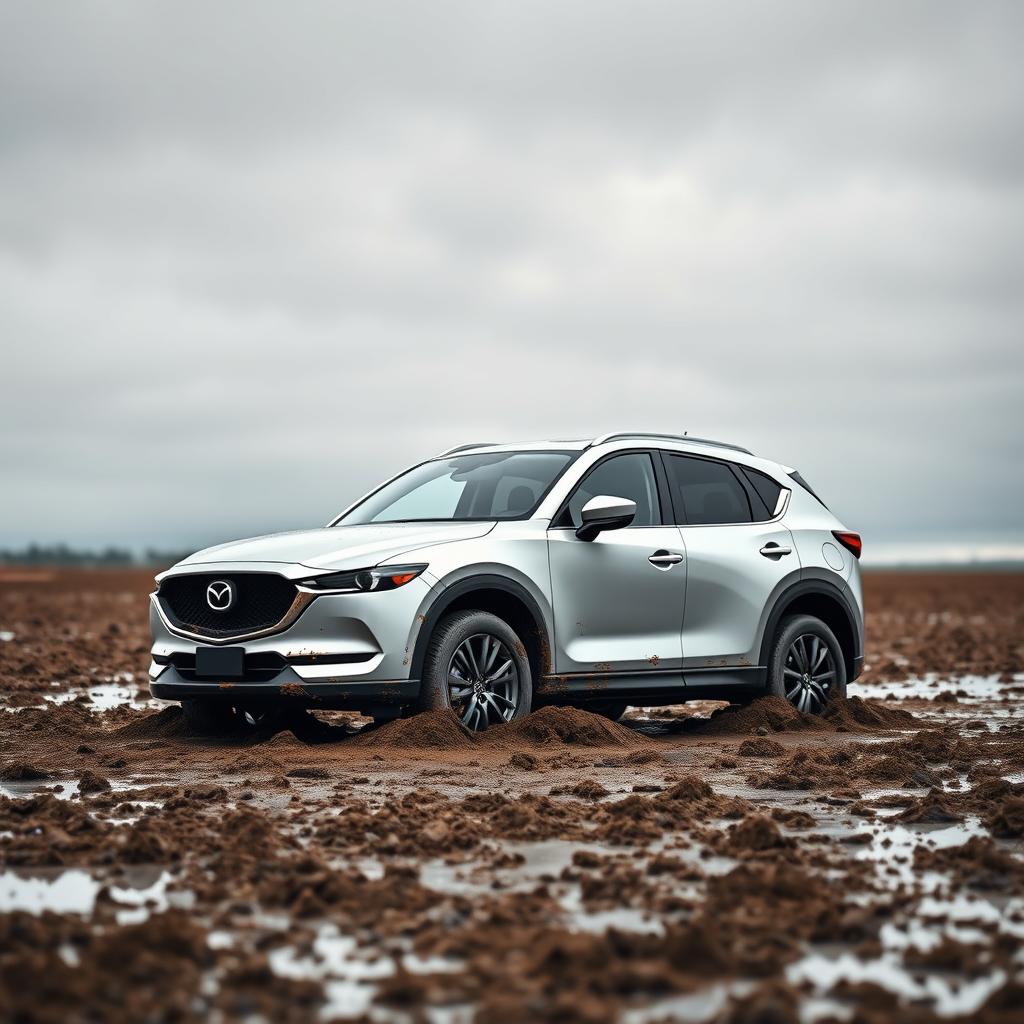 A hyper-realistic image of a silver 2020 Mazda CX-5 stuck in the middle of a muddy field