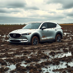 A hyper-realistic image of a silver 2020 Mazda CX-5 stuck in the middle of a muddy field