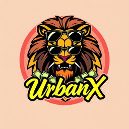 A vibrant modern illustration of a logo for the 'UrbanX' YouTube channel, featuring a minimalist and aggressive lion wearing sunglasses, counting money